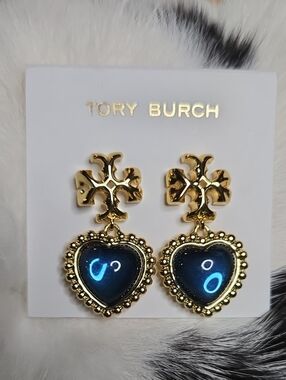 Tory Burch Gold-Tone Earrings with Deep Blue Heart Drops NWT
